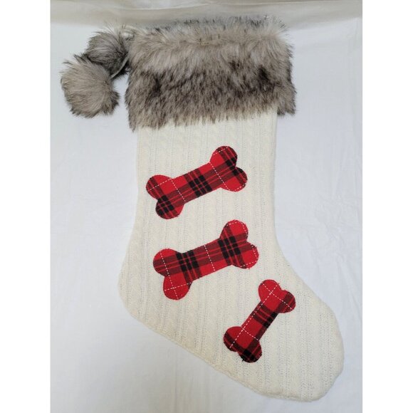 Unbranded Other - Dog Christmas Stocking 20" White w/Bones Holiday Stocking-Faux Fur Band Tassels